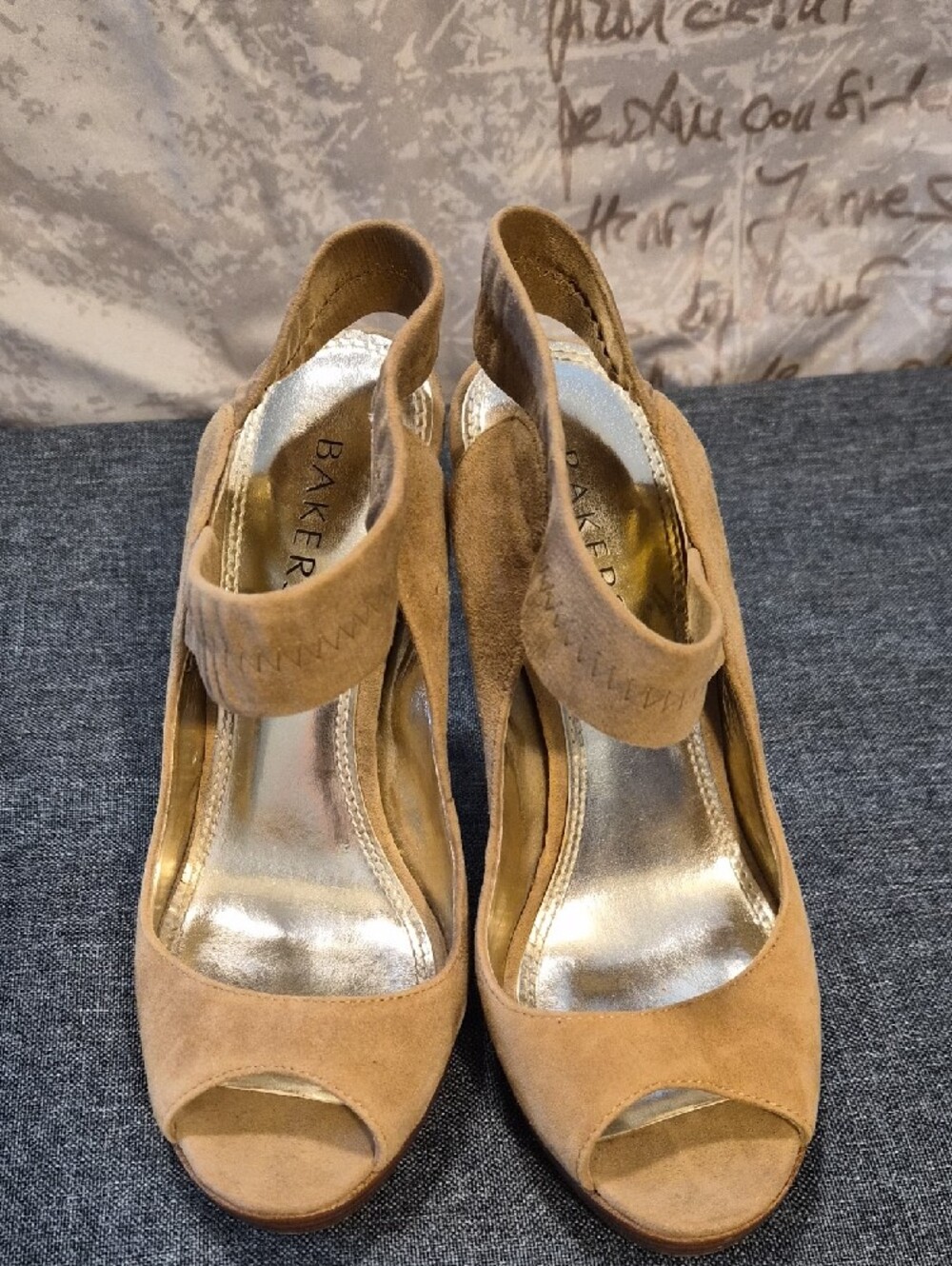 Bakers Women's Suede Peep-Toe High Heels with Ankle Strap in Tan